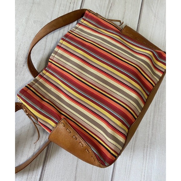 FOSSIL canvas & leather purse handbag brown orange red stripe - Picture 3 of 13